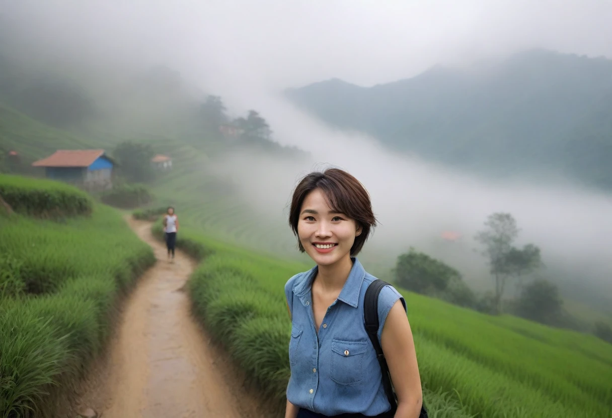 Beautiful Korean Woman, Chest size 34 inches, Wearing luxury brand sleeveless and casual pants, Foggy scenery of Sapa, Vietnam, I can see the trail, Short and medium hair blowing in the wind, Taken from a distance with a wide angle lens, Realistic living landscape, Front photo facing the camera, best picture quality, Short medium hair blowing in the wind, smile brightly, A thick fog obscures the front, Standing on a very narrow mountain path