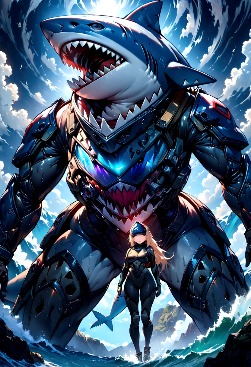 helmet in the shape of a shark's head, (best quality, masterpiece, high quality, extremely detailed CG unity 8k wallpaper:1.2), 1girl, beautiful tactical armor, Full-body wetsuit with shark skin, futuristic