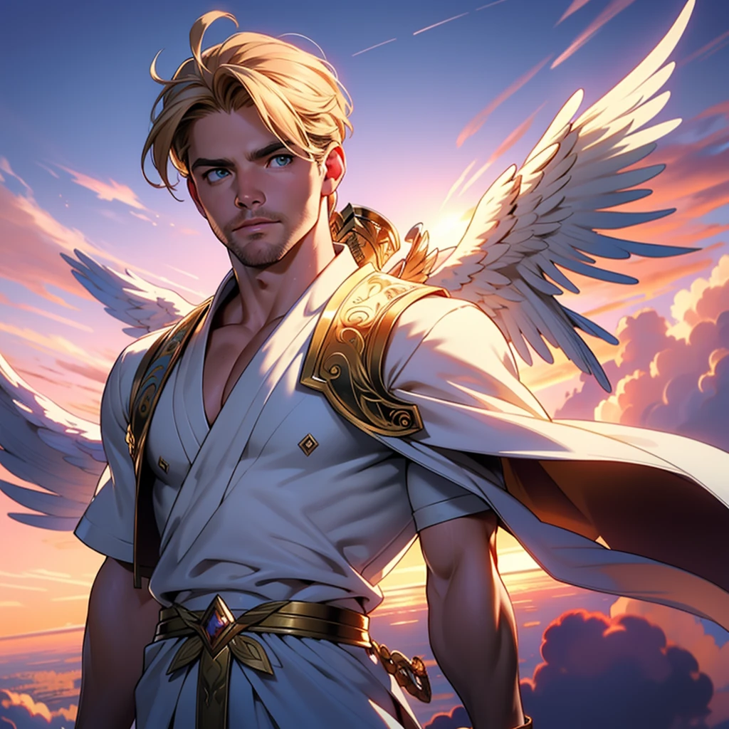 32k,masterpiece, best quality, detailed face, natural eyes,1man, solo mature man, muscled and mature, stephen amell as an angel , wearing a see thru transparent robe with golden embroidery , wearing 2 very large angel's wings , showing muscles ,floating and flying in the sky with clouds ,  full body, intricate Detailed background at sunset