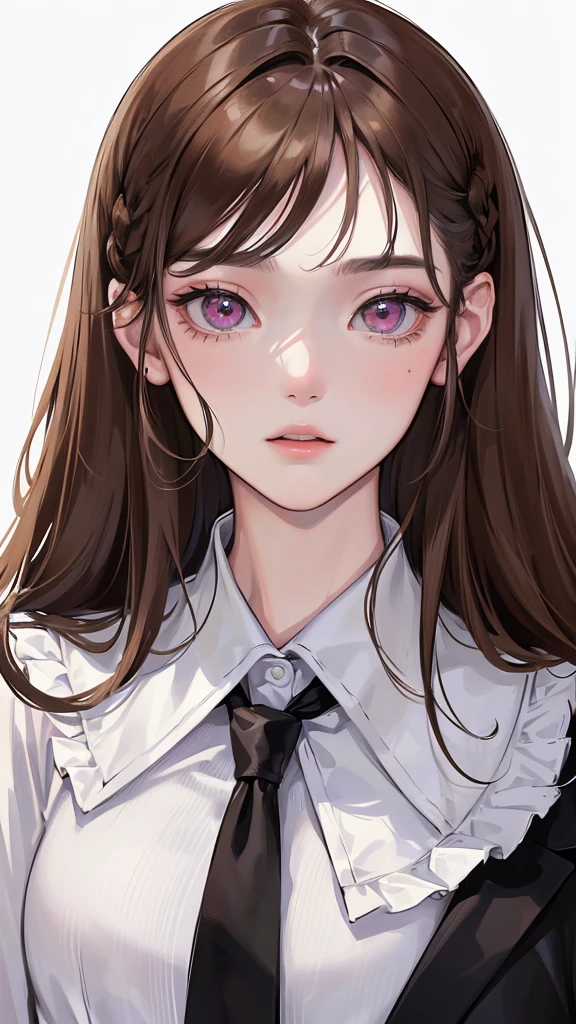 (Top resolution、Distinct_image)top-quality、femele、masterpiece、highly detailed、Semi-realistic、pink eyes、18year old、young、Exquisite facial features、Facial features、unique hairstyle, variations, potrait, white background, light brown hair, wear white oversized shirt, wear black necktie