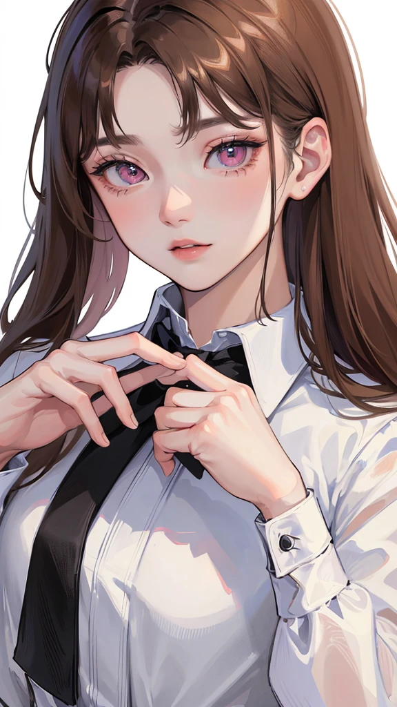 (Top resolution、Distinct_image)top-quality、femele、​masterpiece、highly detailed、Semi-realistic、pink  eyes、18year old、young、Exquisite facial features、Facial features、unique hairstyle, variations, potrait, white background,   light brown hair, wear white oversized shirt, wear black necktie 