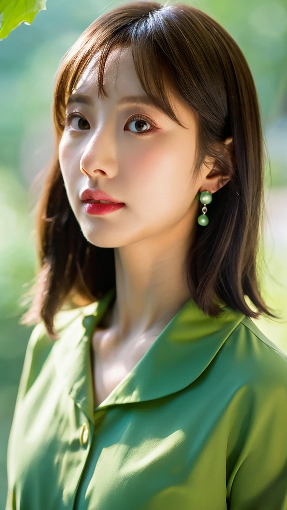 1 girl, national foundation, ((8k, raw, masterpiece: 1.5)), (Professional photography, sharp:1.2), Perfect dynamic composition, (Natural sun light), (soft shadow), (Perfect body:1.4), (((skinny figure))), (((((medium hair,bangs))))), Ultra-detailed faces and skin, perfect asian, White skin, (Delicate skin:1.4), (latex skin:0.4), (perfect glowing skin:0.6), light brown eyes, beautiful eyes, round eyes, pretty face, blush, glossy lips, ((plump lips)), glossy eyes, Really moist skin, looking at camera, Elegant pearl necklace, Elegant earrings, minimalist, (((green shirtdress)))