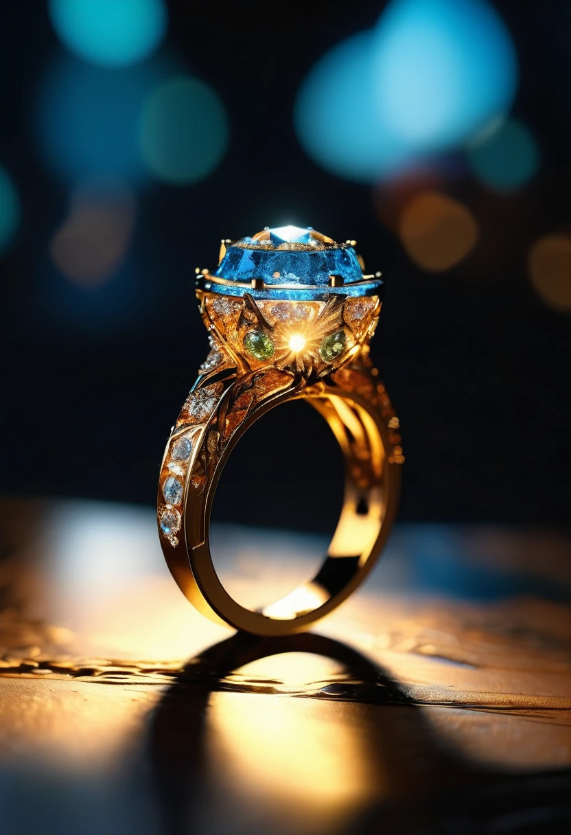 ring on table, black table, relfexion on table, focus on ring, landscape, no human, no people, no hands, no fingers, Masterpiece，highest quality，(Nothing but the ring)，Beautiful ring, Ultra detailed，(No Man),Phoenix ring setting，starrysky，Wrapped around the end from beginning to end，Delicate gold ring，Starry sky in the ring,The sheen，inverted image，Sparkling gemstones，Elegant and noble,simple backgound, photorealistic, realistic, masterpiece, best quality, ultra detailed), 8k wallpaper, perfect balance, official art, extremely detailed CG unity 8k wallpaper, perfect lighting, Colorful, (masterpiece:1.0),(best_quality:1.0), ultra high res,4K,ultra-detailed, photography, 8K, HDR, highres, absurdres:1.2, Kodak portra 400, blurry background, bokeh, lens flare, professional photograph, (vibrant_color:1.2),
