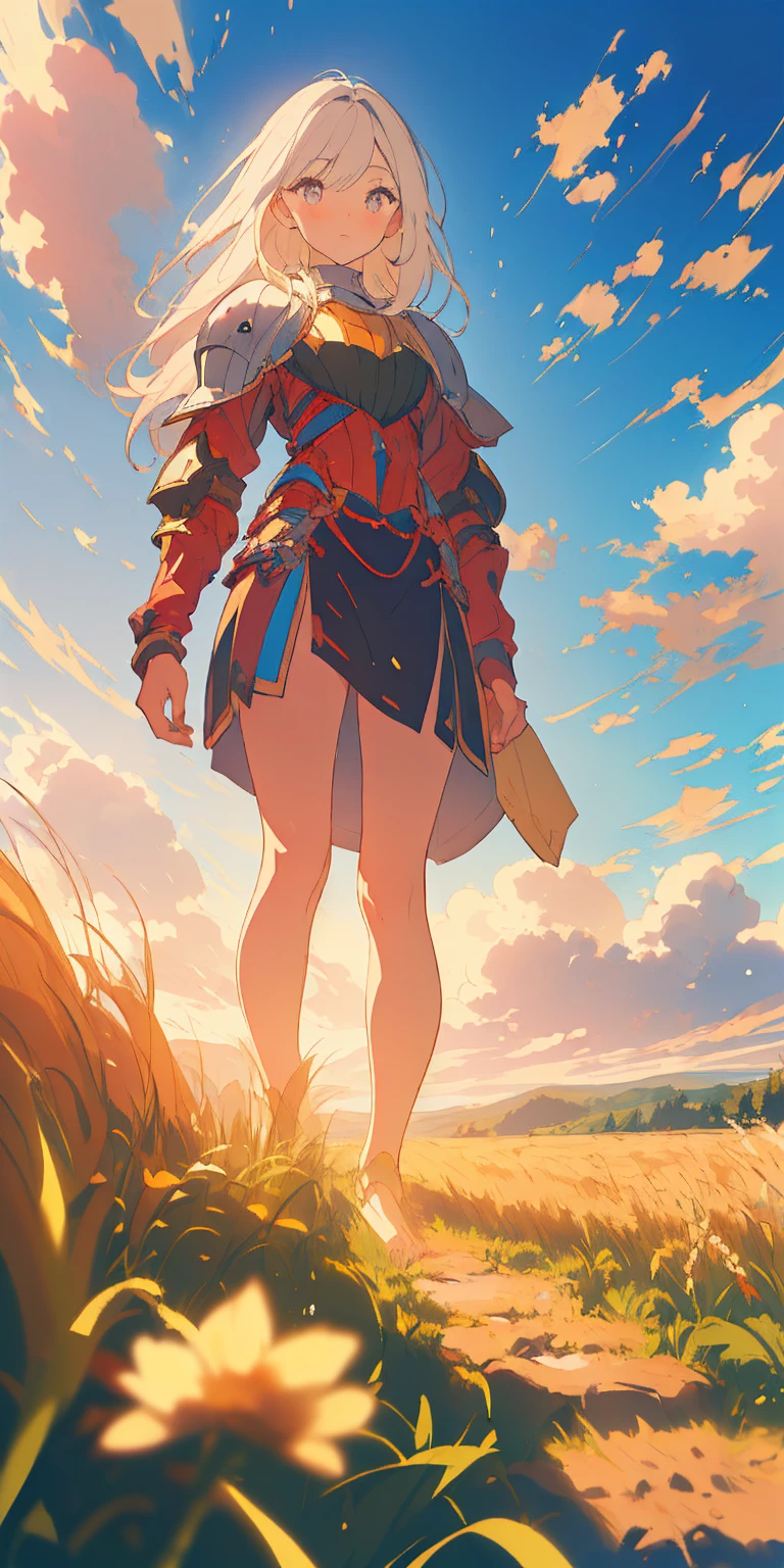 stunning painting of a knight with long blonde hair, wheat field, epic clouds ((painterly)) ((impressionist)) vibrant, soft edges (((warm glow))) full body whole body view from below 1sologirl, feet together, view from below while walking to the viewer