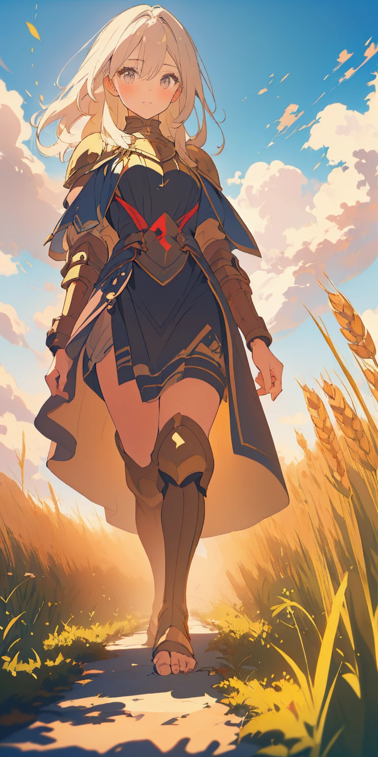 stunning painting of a knight with long blonde hair, wheat field, epic clouds ((painterly)) ((impressionist)) vibrant, soft edges (((warm glow))) full body whole body view from below 1sologirl, feet together, view from below while walking to the viewer