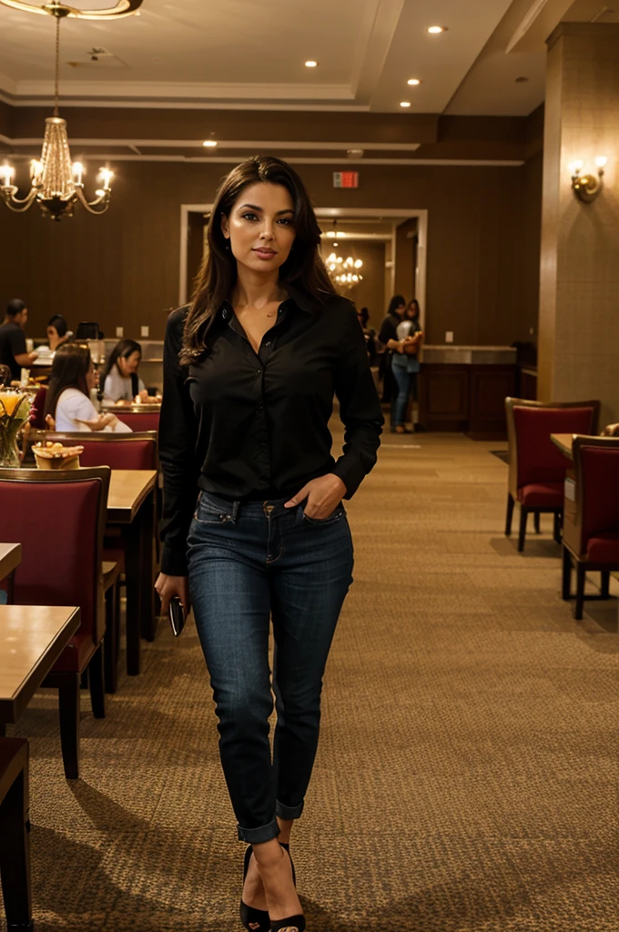 114 / 5.000
teacher in jeans, black shirt, stiletto heels has breakfast at the buffet in the large dining room of the hotel