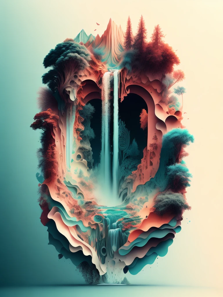 a stylized image of waterfall with a lot of different things in it, pastel color