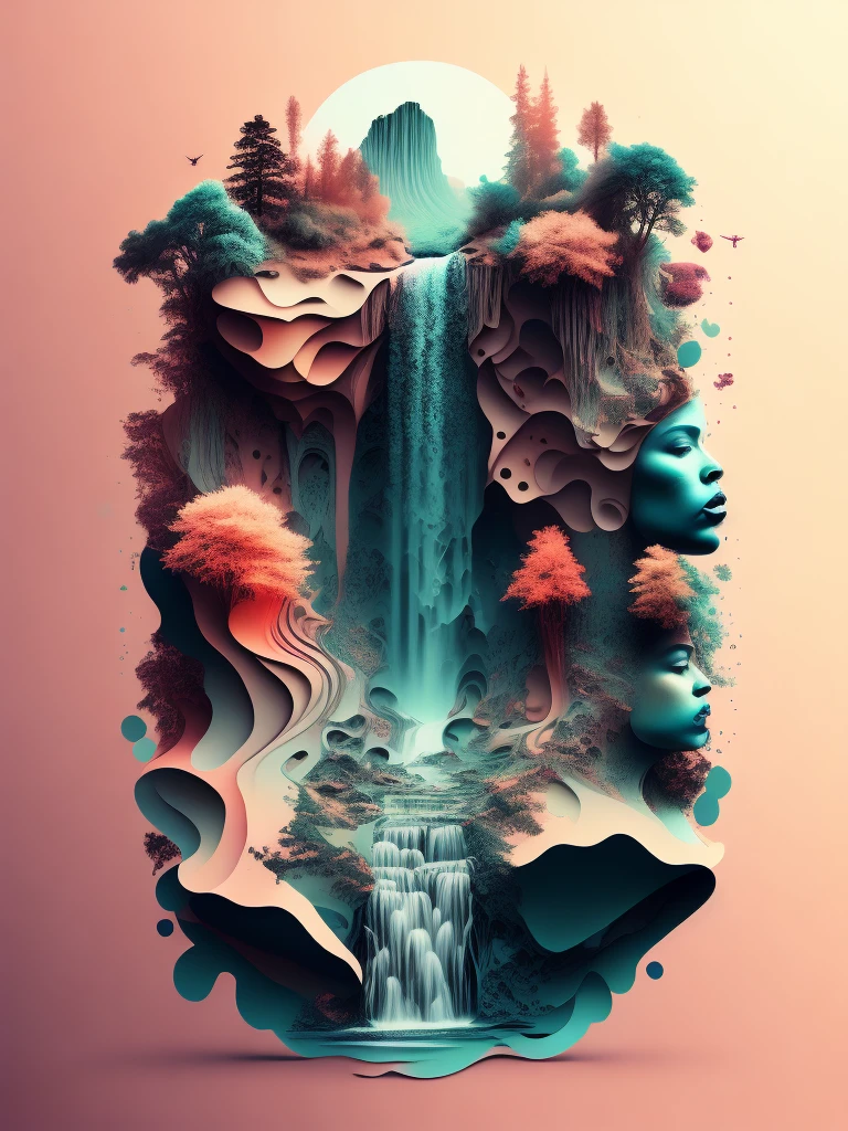 a stylized image of waterfall with a lot of different things in it, pastel color