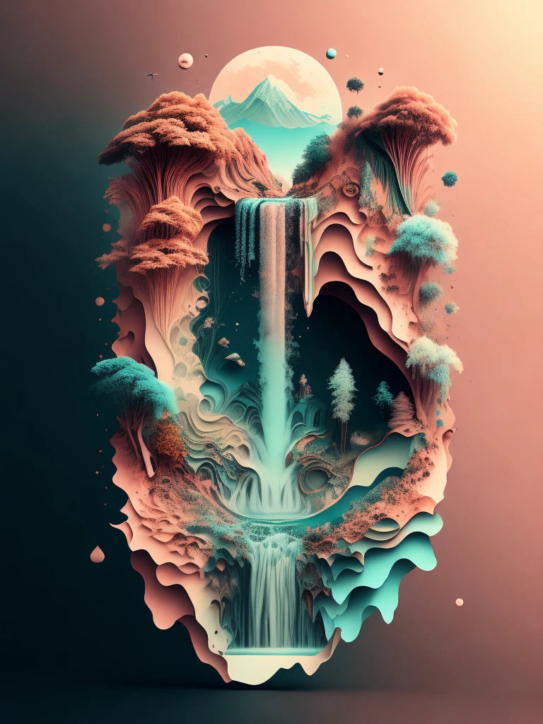 a stylized image of waterfall with a lot of different things in it, pastel color