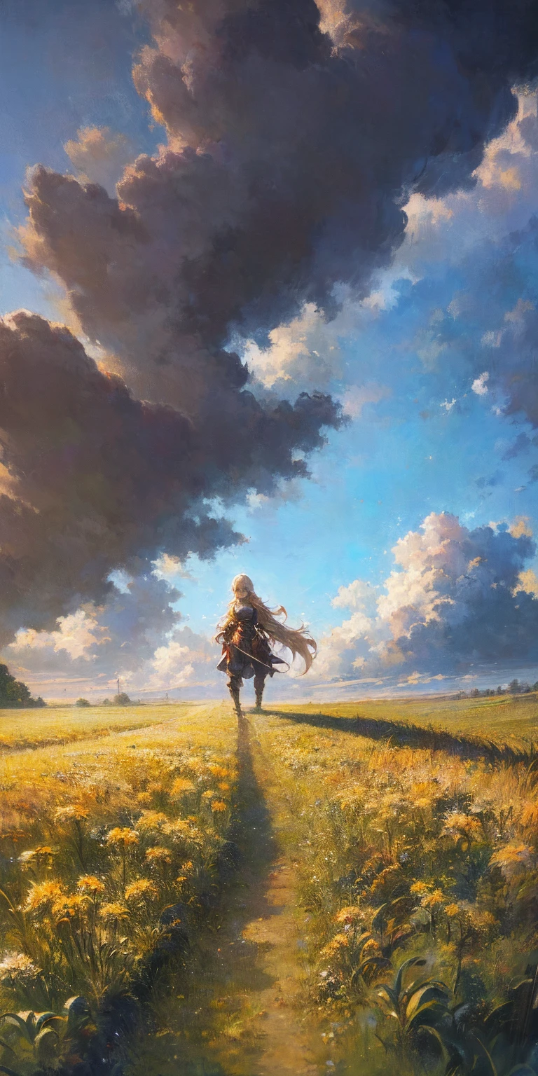 stunning painting of a knight with long blonde hair, wheat field, epic clouds ((painterly)) ((impressionist)) vibrant, soft edges (((warm glow))) full body whole body view from below 1sologirl, feet together, view from below while walking to the viewer