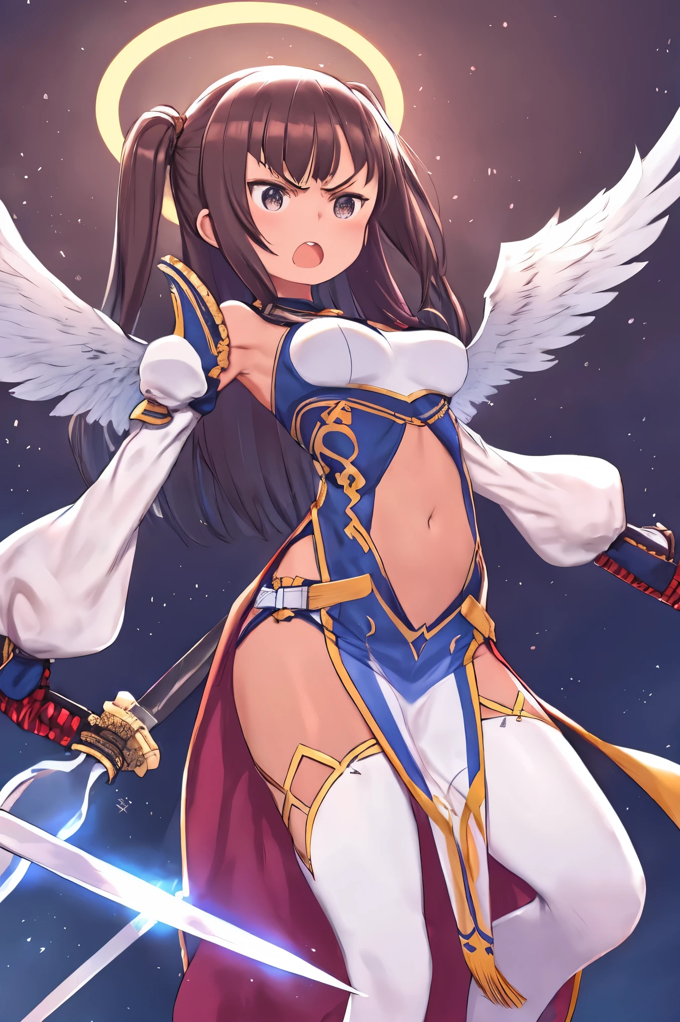 fantasy, 1angel_girl, low_, dark_brown_hair,long_bangs, (dark_skin)+, bare_shoulder, navel out, thighhighs,silver_shiny_armor, white_clothes,waist_armor, Glebe, hold_swords_emits_light, medium_breasts, dynamic_flying_pose,Floating, (1pair_white_wings:1.2),(pelvic_curtain:1.3), silver_Headgear ,looking_down_at_sunset_city_sky_background,,slightly_spread_legs, some_swords_emits_light,some_swords_emits_light_floating_around_the_girl,solo,glare_halo,angry,shout,open_mouth,open_legs,open_arms,rise_knee,rise_leg,rise_thigh,rise_leg,forward_leaning_posture,apart_legs,