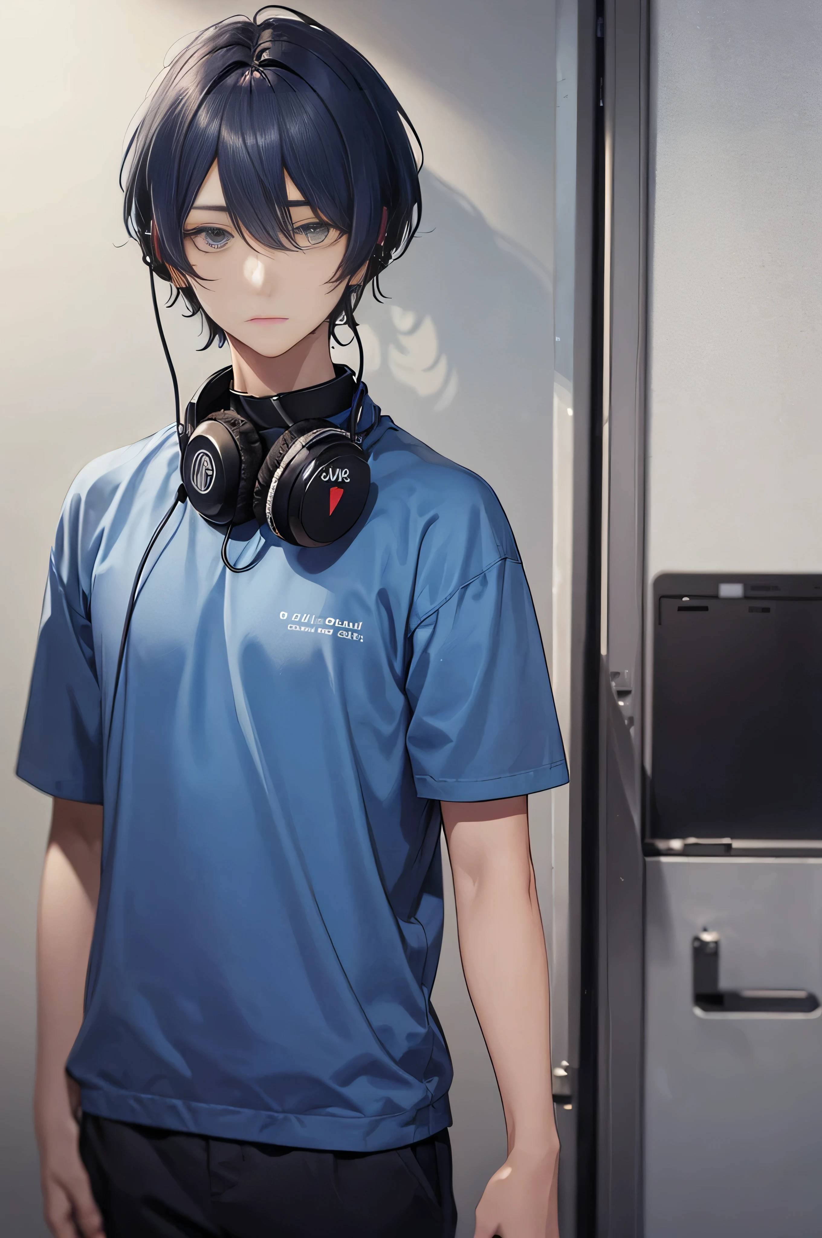 a man with short blue hair and silver eyes,Bangs covering the right eye,Rarely shows right eye,Slim body,Being described as having a melancholy temperament,Features headphones around the neck and music,During the Shadow Time operation, the left sleeve will wear the armband of the Special Extracurricular Activities Department。