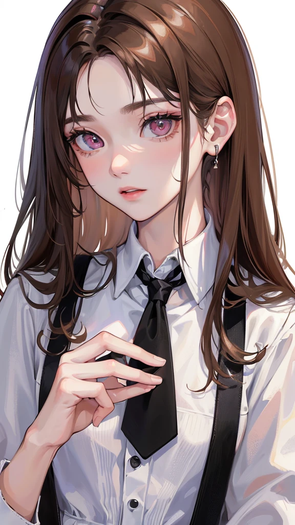 (Top resolution、Distinct_image)top-quality、femele、​masterpiece、highly detailed、Semi-realistic、pink  eyes、18year old、young、Exquisite facial features、Facial features、unique hairstyle, variations, potrait, white background,   light brown hair, wear white oversized shirt, wear black necktie 
