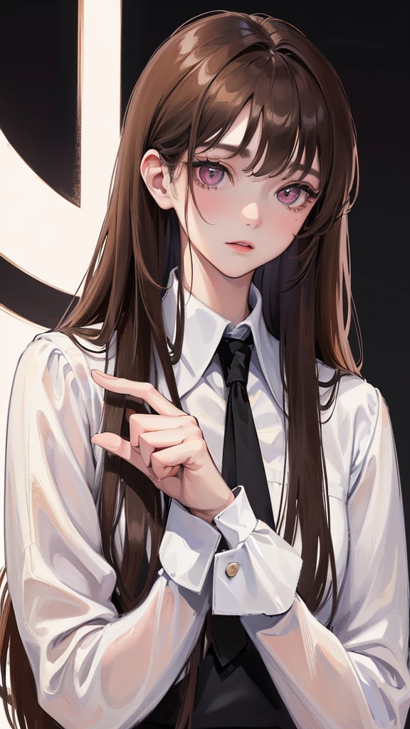 (Top resolution、Distinct_image)top-quality、femele、masterpiece、highly detailed、Semi-realistic、pink eyes、18year old、young、Exquisite facial features、Facial features、unique hairstyle, variations, potrait, white background, light brown hair, wear white oversized shirt, wear black necktie