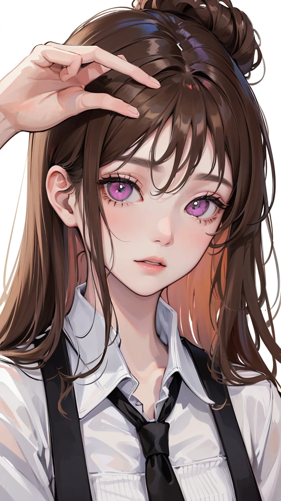 (Top resolution、Distinct_image)top-quality、femele、​masterpiece、highly detailed、Semi-realistic、pink  eyes、18year old、young、Exquisite facial features、Facial features、unique hairstyle, variations, potrait, white background,   light brown hair, wear white oversized shirt, wear black necktie 