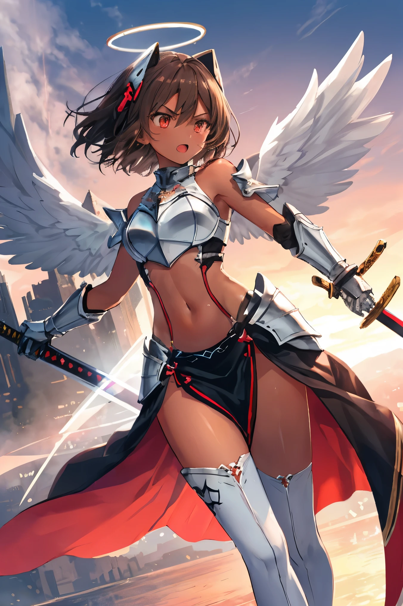 fantasy, 1angel_girl, low_, dark_brown_hair,long_bangs, (dark_skin)+, bare_shoulder, navel out, thighhighs,silver_shiny_armor, white_clothes,waist_armor, Glebe, hold_swords_emits_light, medium_breasts, dynamic_flying_pose,Floating, (1pair_white_wings:1.2),(pelvic_curtain:1.3), silver_Headgear ,looking_down_at_sunset_city_sky_background,,slightly_spread_legs, some_swords_emits_light,some_swords_emits_light_floating_around_the_girl,solo,glare_halo,angry,shout,open_mouth,open_legs,open_arms,rise_knee,rise_leg,rise_thigh,rise_leg,forward_leaning_posture,apart_legs,