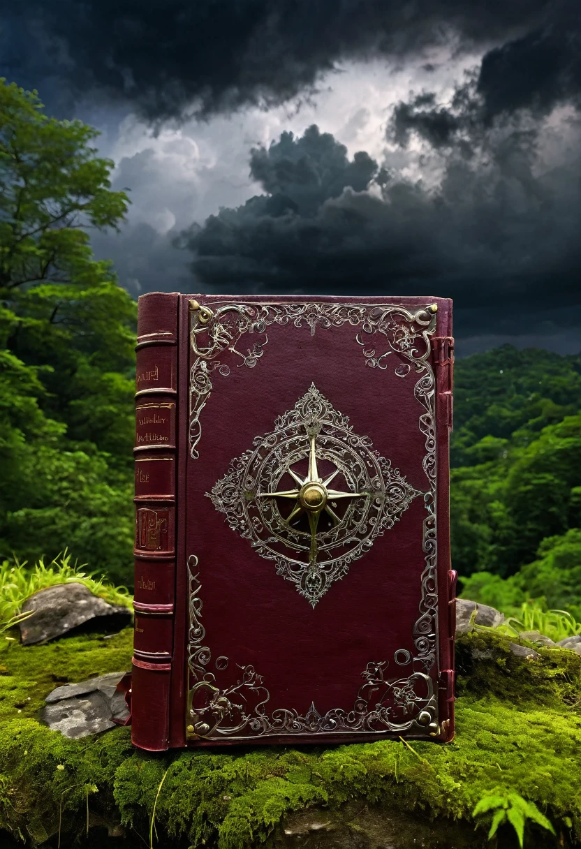 Image of a spell book  , dark and brown colour book  , type black magic and normal magic book , wizards book , book is locked with a book lock  , title of the book is "libro del mondo oscuro" in dark red letters,  forest backgorund with dark balck clouds in the sky , book is kept inside of an old hut , around the book people wearing black robe standing near it 