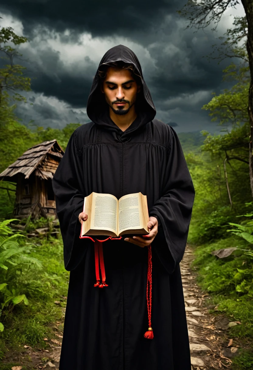 Image of a spell book  , dark and brown colour book  , type black magic and normal magic book , wizards book , book is locked with a book lock  , title of the book is "libro del mondo oscuro" in dark red letters,  forest backgorund with dark balck clouds in the sky , book is kept inside of an old hut , around the book people wearing black robe standing near it 