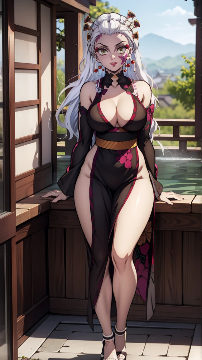 One Demon Girl, looks at the camera, Portrait of a girl, Beautiful waist, night, ancient japan, very y, In the bath, grin, fangs,  mouth open, fangs, smile, White hair, eroery sexy, beauul body is completely visible, masterpiece, Best quality, full length (Full body 1.1.), Beautiful waist, good feet, high quality, long hair, White hair.  Highly detailed face, depth of field, HDR, very detailed, ray tracing, whole body, dark fantasy, Demon&#39;s tattoo, very beautiful, Beautiful ., 1 girl, solo, I look at the viewer, black hair, hair ornament, jewelry, closed mouth, green eyes, yellow eyes, japanese clothes, kimono, draw up, pomade, slit pupils, Brilliant eyes, wicked, Red lips, hair stick