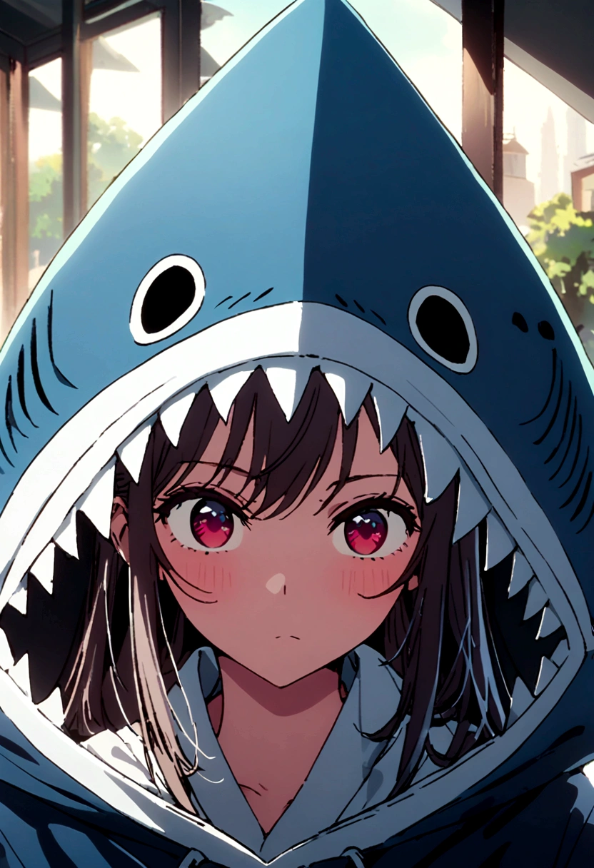 A girl wearing a giant shark mask