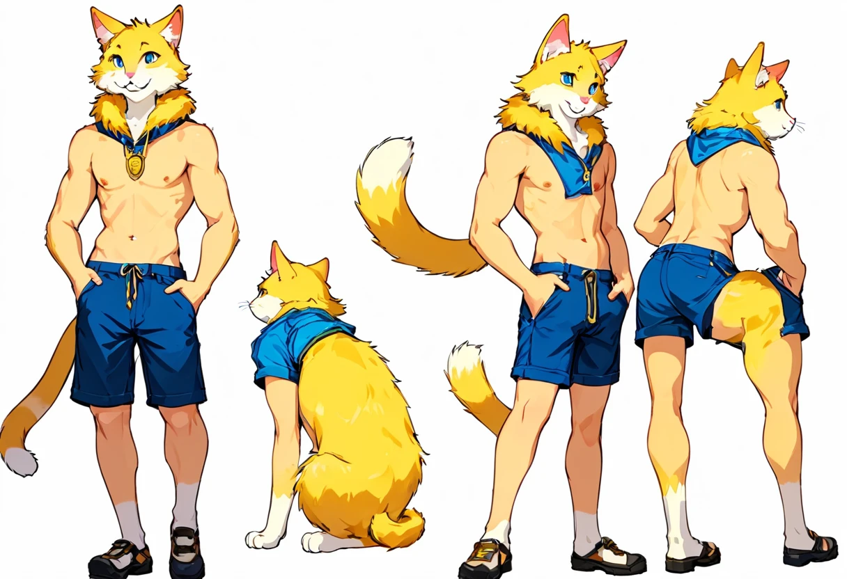 score_9, score_8_up, score_7_up, male, furry, full length, high quality, hires, anthro, ager, young, 18 years old, domestic cat, yellow fur, blue eyes, handsome, happy, cute, humanoid feet, slim build, slender body, prominent v-line, toned slender legs, chiseled knees, shorts, white background, treasure trail, armpit hair, furry legs, bulge, in various poses