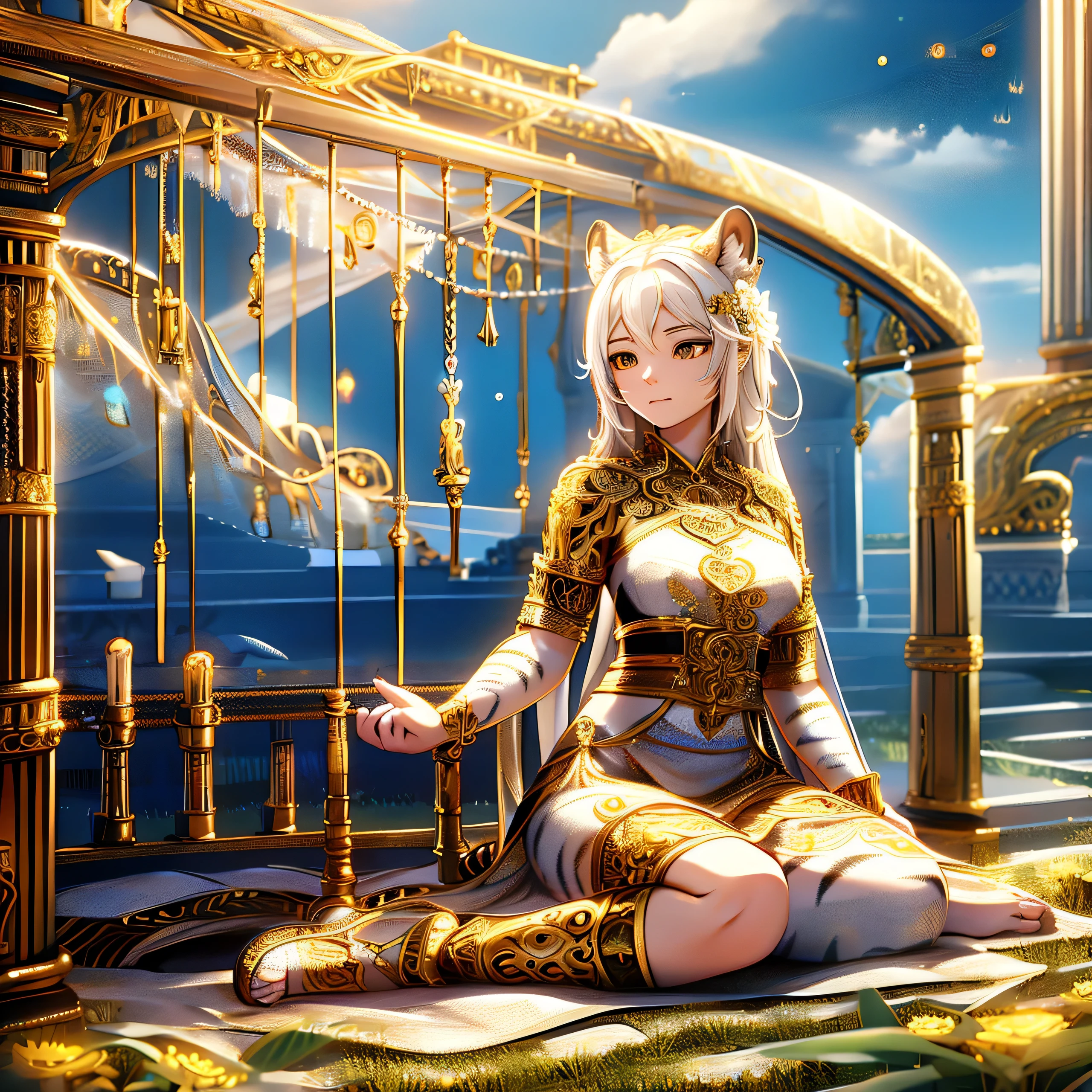 [intricate and detailed masterpiece of a goddess, realistic 4k image], the goddess is of human-feline race, she is adorned with intricate tiger tattoos, wearing a celestial outfit with gold embroidery , (accompanied by her faithful white tiger companion) in a heavenly place