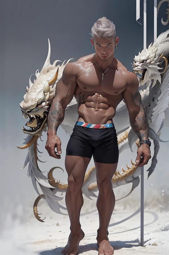 (masterpiece,Alibaba quality,best quality,official art,beauty:1.2),He spoke in great detail,Fractal art,color,More detail,tangled,(Abstract Background:1.5)(1:1.3),Kamiaki,light gray hair,Short hair details,(Clear and bright eyes, Chest muscles,Abistis,(magic),Handsome nude man,((((topless,full body shot,nude, naked, wears a underwear)))),nacklace, ring, small manly earring, open his legs, sexy, tattoo, dark skin
