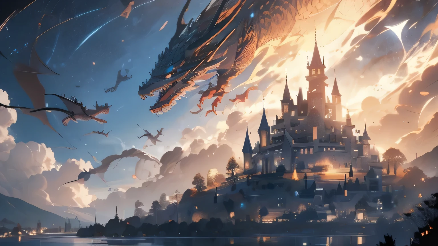 a big castle on a mountain, a beautiul dragon flying near to the castle, a lake in the background, a sunset with a lot of clouds and stars.