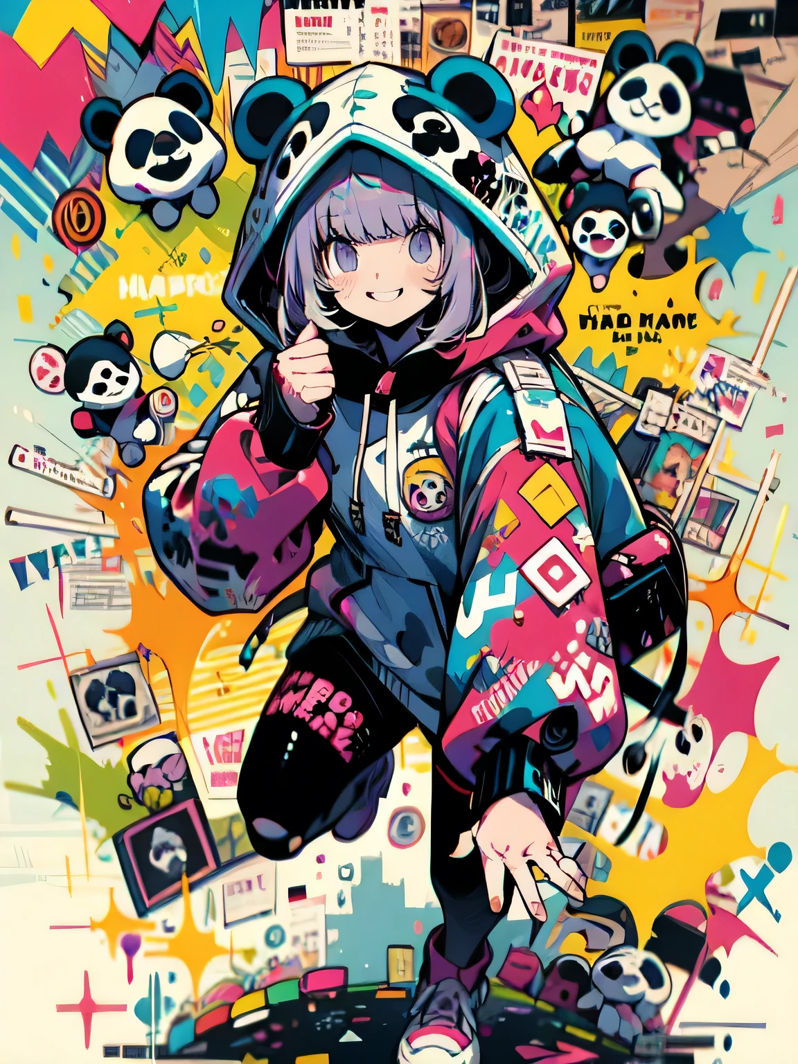 solo,fullbody,(blunt bangs), smile,purple panda hoodie,(happy punch action),grin,underfull graffiti,