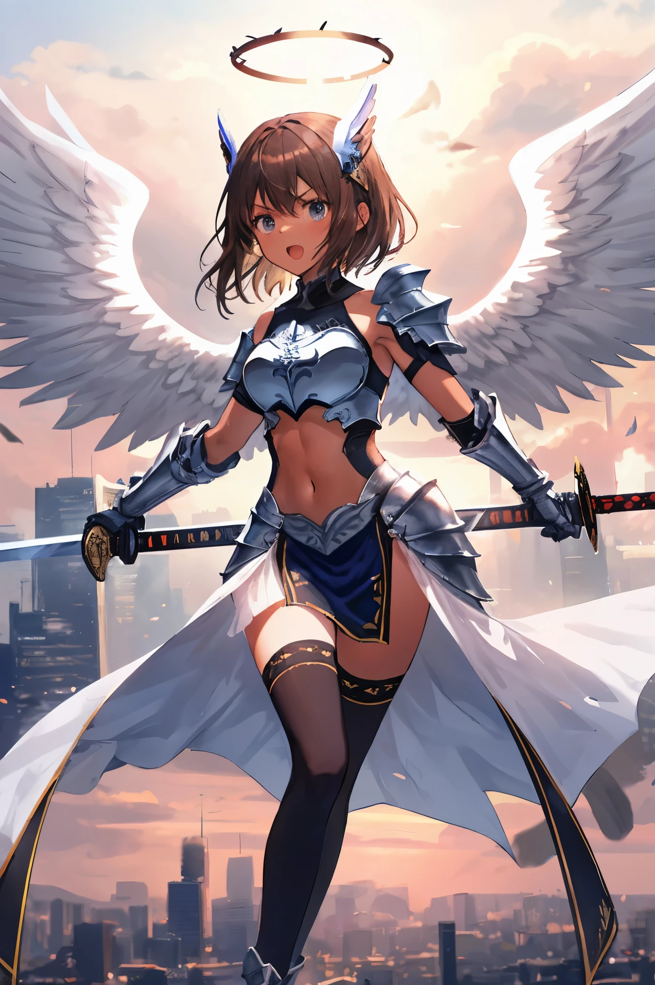 fantasy, 1angel_girl, low_teen, dark_brown_hair,long_bangs, (dark_skin)+, bare_shoulder, navel out, thighhighs,silver_shiny_armor, white_clothes,waist_armor, Glebe, hold_swords_emits_light, medium_breasts, dynamic_flying_pose,Floating, (1pair_white_wings:1.2),(pelvic_curtain:1.3), silver_Headgear ,looking_down_at_sunset_city_sky_background,,slightly_spread_legs, some_swords_emits_light,some_swords_emits_light_floating_around_the_girl,solo,glare_halo,angry,shout,open_mouth,open_legs,open_arms,rise_knee,rise_leg,rise_thigh,rise_leg,forward_leaning_posture,apart_legs,