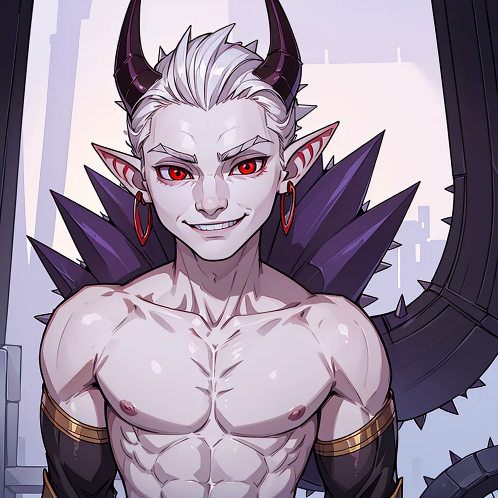 ((best quality)), ((masterpiece)), (detailed), (((Male imp))), (((white skin))), (((white skin))), standing, looking up at the viewer, (((red sclera))), purple eyes, two horns, ((smile)), (((half-lidded eyes))), (((half-lidded eyes))), (((perfect face))), (((symmetrical face))), ((pointy ears)), (((handsome and cute face))), (((only two pointy ears))), (((round face))), Nude, perfect eyes, (((youthful face))), (((18 years old))), ((short spiky har)), (((skinny))), (((solo))), (((inhuman face))),