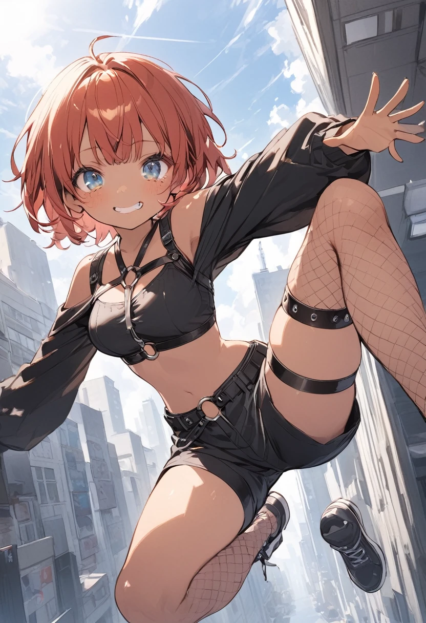 full body,1 woman, 20 years old (cute:1.3),short red Hair, left eye blue, right eye yellow, tan skin, freckles,{open sexy clothes, black skirt, Black stockings, long sleeves, chest harness, black shirt, crop top, shorts, Shoes, O-Ring, midriff, off shoulder, medium breasts, thigh strap, shorts, fishnet stockings,Glossy, shiny material, falling from building into the city down below, suspended in air, reaching out towards the camera, fearful expression, tears rolling down cheeks