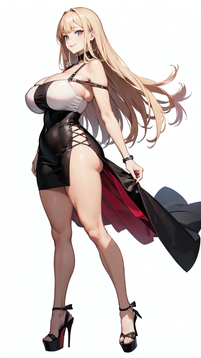 ((masterpiece, high resolution, better quality, better details)), ((Marin Kitagawa)), ((Smiling)), ((one girl)) a girl modeling standing, mini skirt, blouse, ((big neckline)), ((platform high heels)), pink eyes with black outline, (light blonde hair, straight hair, straight bangs, long hair)), long nails, pink nails, (((curvy body))), shiny skin, ((side view)), solo, bare shoulders, full body, focus full body, high heels, ((White background)),