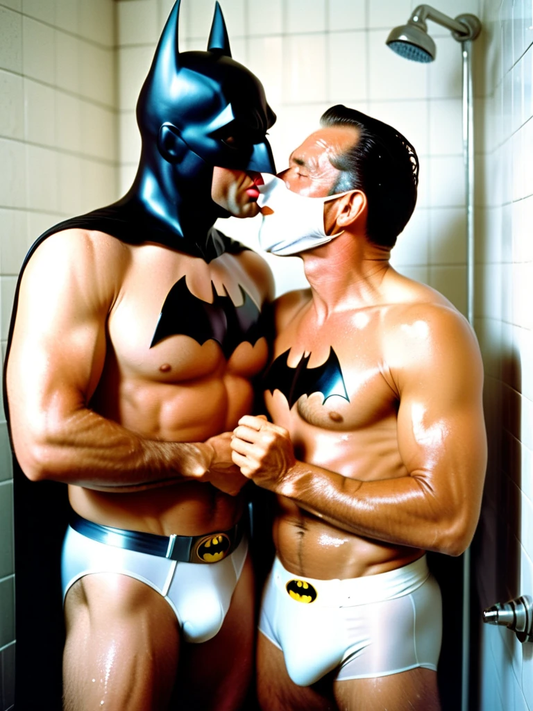 1980s,gay, 2men, bara, photo realistic, slim tall Batman, wearing only a mask and white briefs, and his hairy body, kisses the slim muscular old man Alfred with his tongue and hugs him tightly, in the shower room.35mm film,boke,Pale image quality