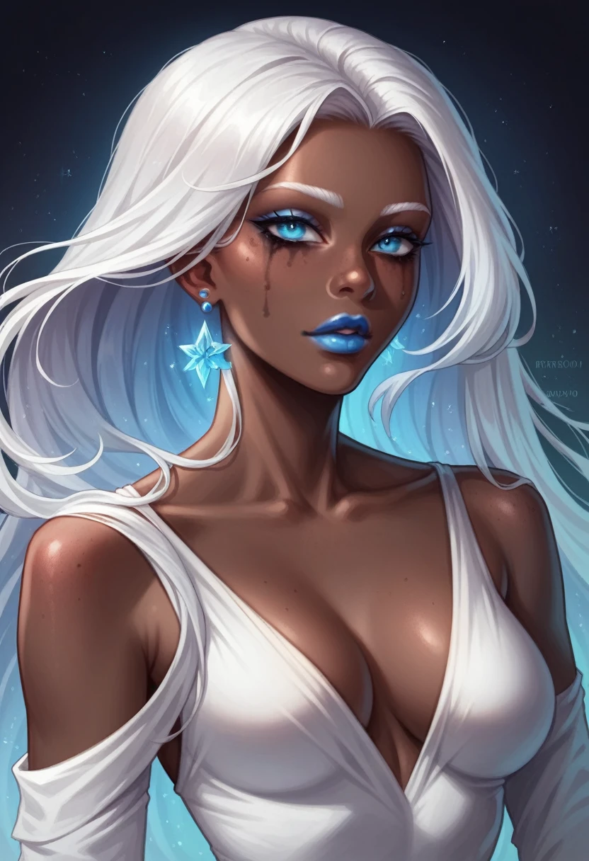 comely (((darkskin:1.2))) androgen:1.3, ((darkskin:1.2)), (((White hair))), ethereal darkskin beauty,blue piercing eyes,long flowing White hair,darkskin complexion,soft pink lips,sensual behavior,seducing gaze,graceful pose,subtle makeup,pure white dress,Delicate features,striking contrast with the environment,soft natural light,subtle shadows,ethereal atmosphere,swirly vibrant colors,dream scenario,romantic atmosphere,artistic portrait,highly detailed rendering,Photorealistic quality.