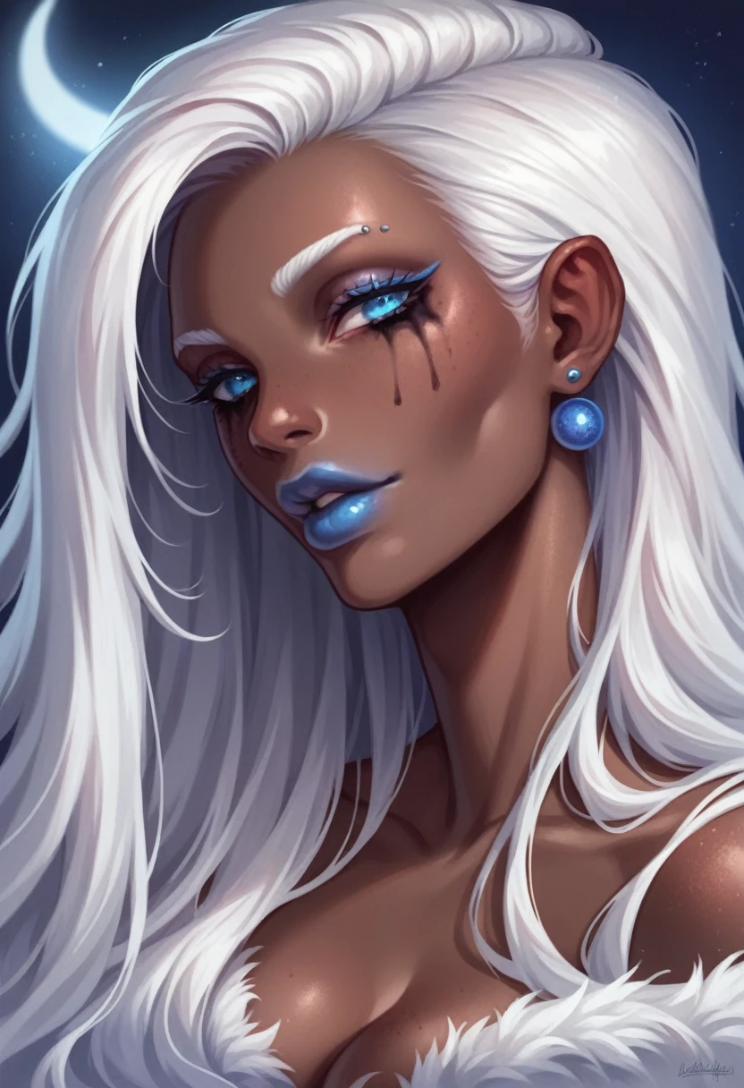 comely (((darkskin:1.2))) androgen:1.3, ((darkskin:1.2)), (((White hair))), ethereal darkskin beauty,blue piercing eyes,long flowing White hair,darkskin complexion,soft pink lips,sensual behavior,seducing gaze,graceful pose,subtle makeup,pure white dress,Delicate features,striking contrast with the environment,soft natural light,subtle shadows,ethereal atmosphere,swirly vibrant colors,dream scenario,romantic atmosphere,artistic portrait,highly detailed rendering,Photorealistic quality. 