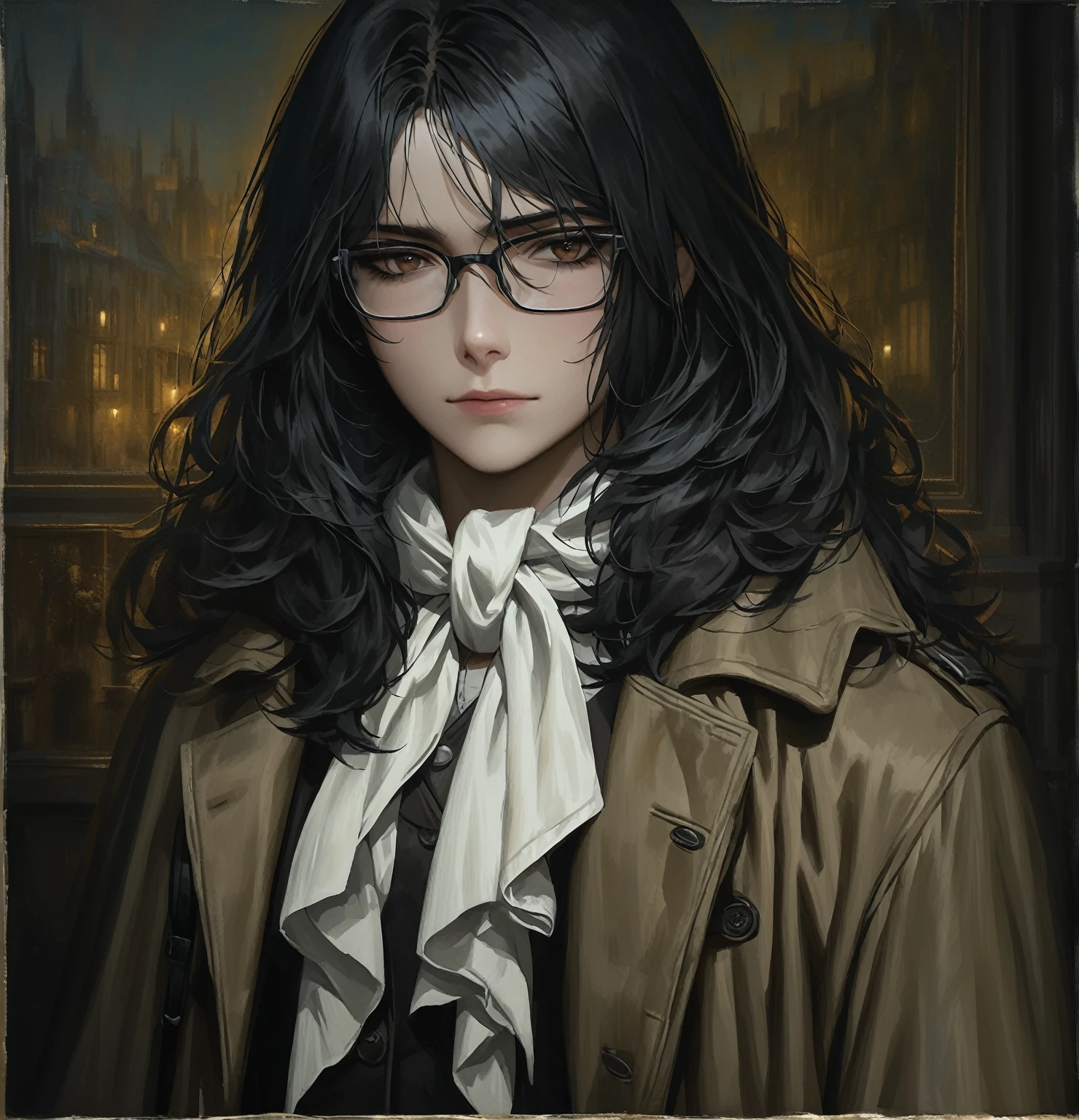 ((adult)), (woman), ((tall)), ((Ryoshu from Limbus company)) , masterpiece, best quality, dark aura,
((short black hair)), glasses, plain white shirt, brown coat, black pants, white kerchief with black marks around neck, carrying a robust leather bagpack, (faint smile), realistic anime style, (oil painting), dark old manor background, night, impasto.