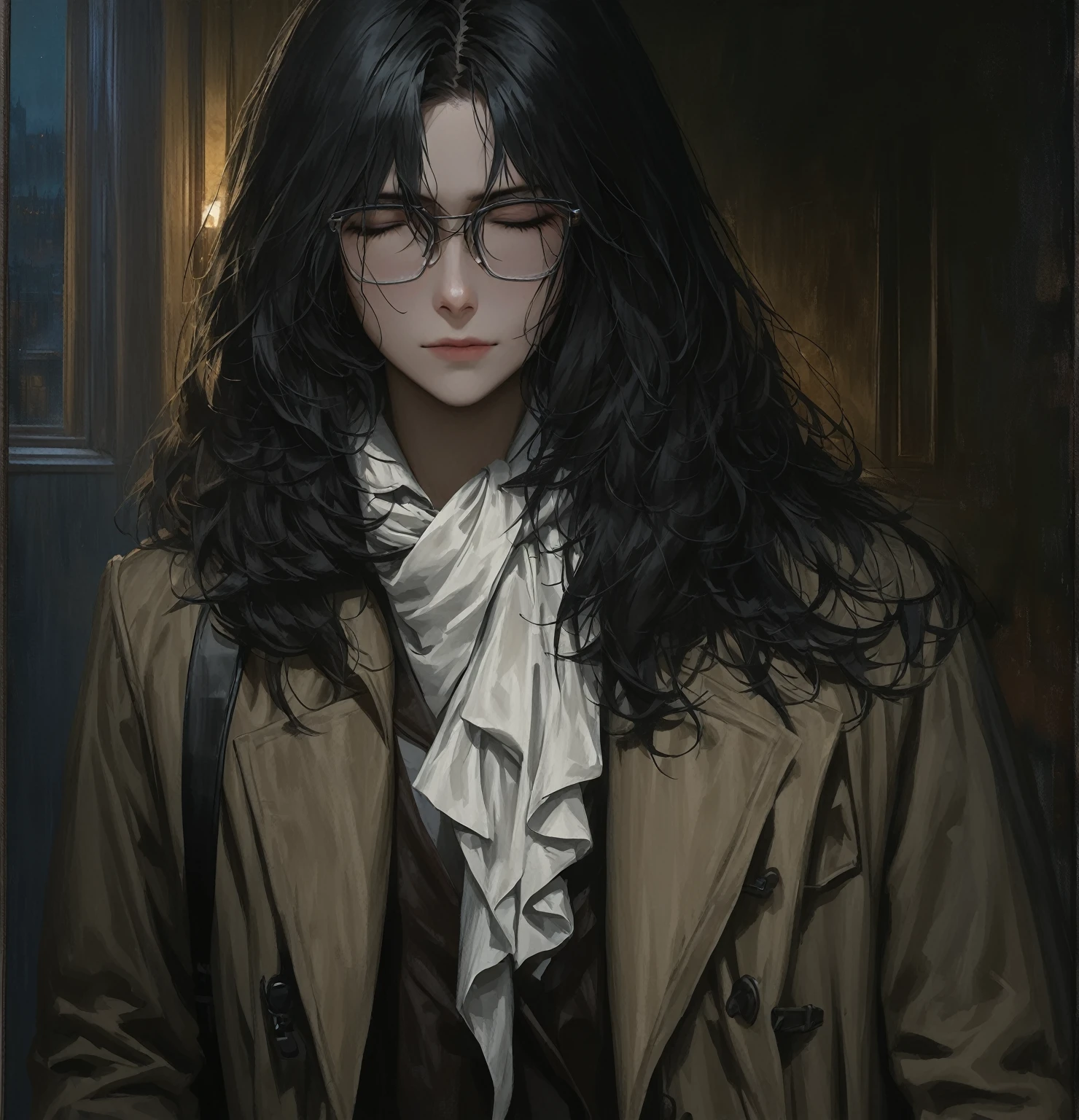 ((adult)), (woman), ((tall)), ((Ryoshu from Limbus company)) , masterpiece, best quality, dark aura, 
 ((short black hair)), glasses, plain white shirt, brown coat, black pants, white kerchief with black marks around neck, carrying a robust leather bagpack, (faint smile), realistic anime style, (oil painting), dark old manor background, night, impasto.
