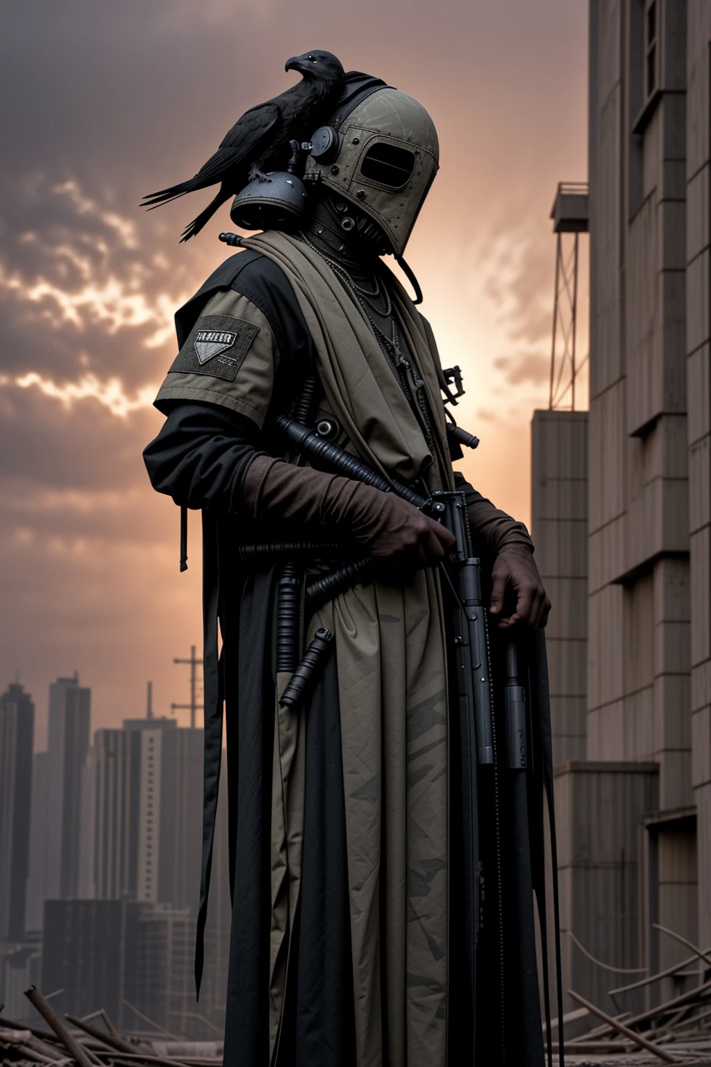 a man wearing modern military grade armor, gear belt full of gun magazines, a tattered hood over his head, wearing a plague doctor mask, a futuristic and hastily repaired semi-automatic rifle strapped over his back, a regular built body, wearing a messy black cloak, bandage wraps around his arms, side profile, sunset, very detailed plague doctor mask over his face, standing amidst a sunset, cinematic side view, sunset in the background, post apocalypse, is a burn victim, wearing a scav outfit from escape from tarkov, survivor, scavenger, mercenary, gun strapped (behind) his back, very dark green camo attire, very bird-like mask