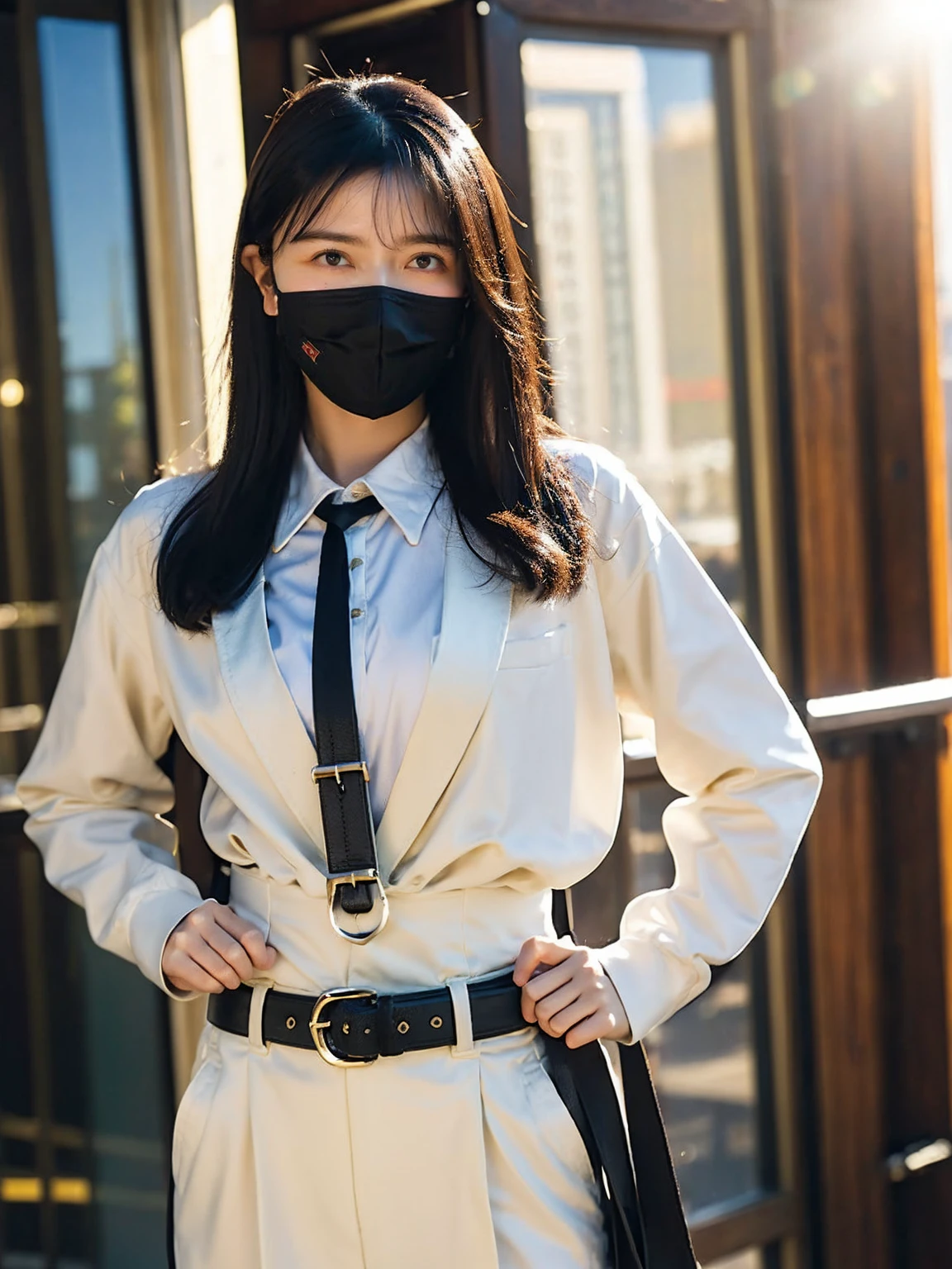 masterpiece、top-quality、The ultra -The high-definition、、colourfull、flat-colors、depth of fields、lens flare 1 girl、、A dark-haired、watching at viewers suits Cutter shirt a belt suspenders working adults materia OL Black Suit Black jacket glares Big Breasts Mask