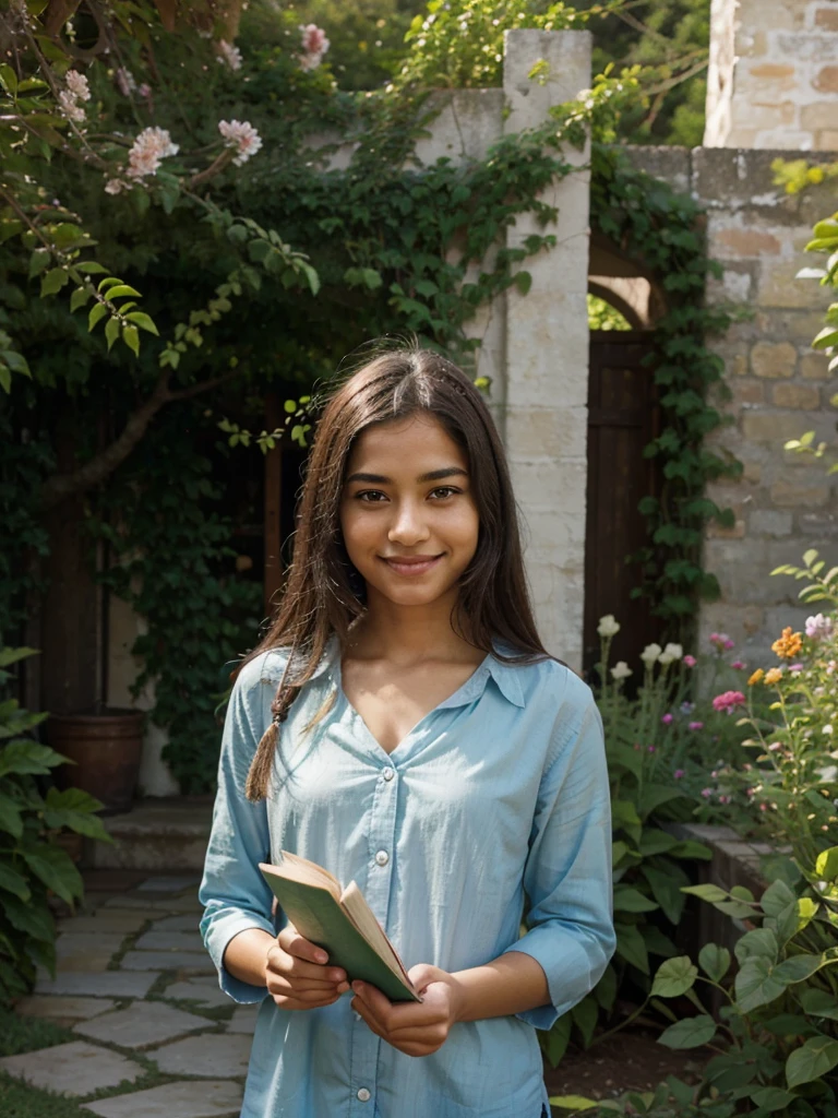 maya, with a charming smile, around the garden with a book in hand. His gaze was deep, pondering the meaning hidden on each page.

