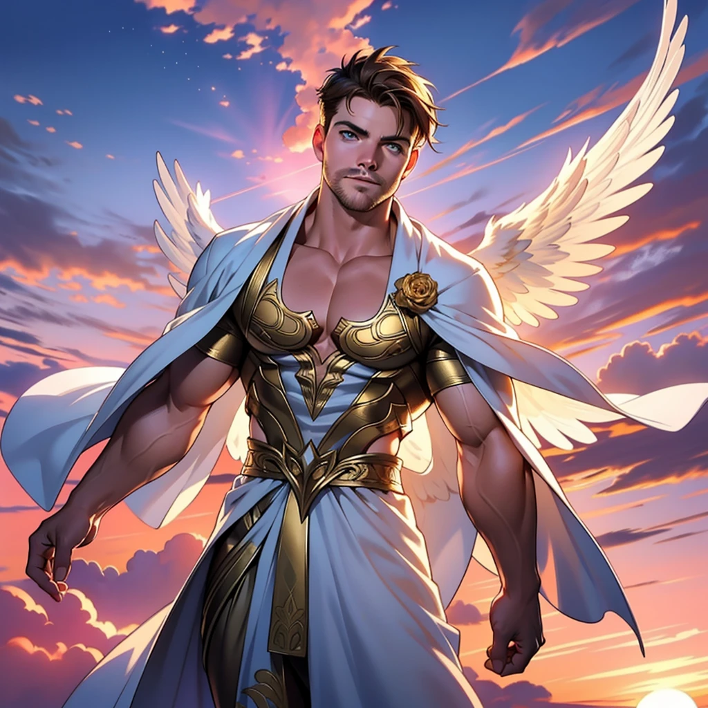 32k,masterpiece, best quality, detailed face, natural eyes,1man, solo mature man, muscled and mature, stephen amell as an angel , wearing a see thru transparent robe with golden embroidery , wearing a doubled 2 large angel's wings , showing muscles ,floating and flying in the sky with clouds , full body, intricate Detailed background at sunset