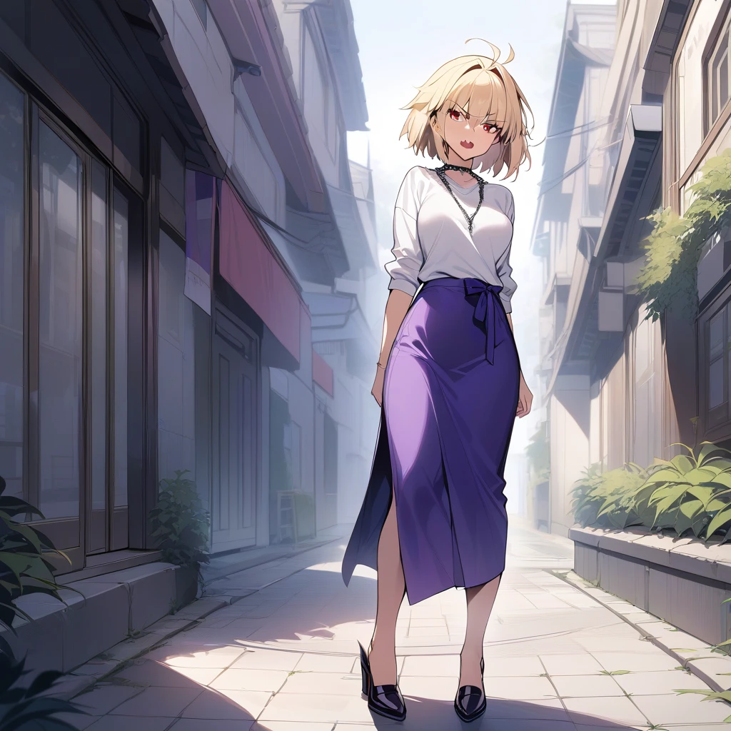 masterpiece,best quality,Arcueid,red eyes,short hair,1girl, white sweater, solo,looking at viewer, purple long skirt,hair between eyes,breasts,outdoors, chain necklace, full body, fang, claws, angry