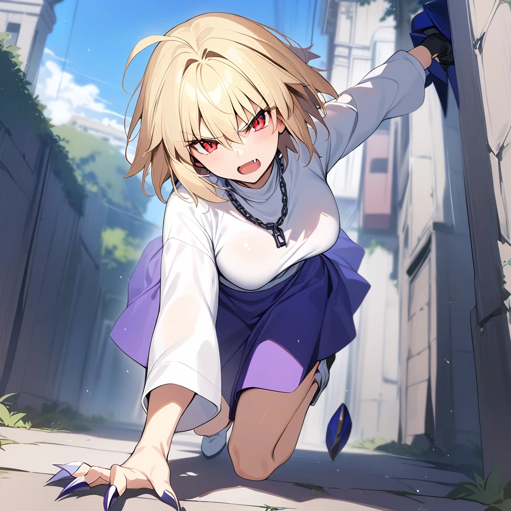 masterpiece,best quality,Arcueid,red eyes,short hair,1girl, white sweater, solo,looking at viewer, purple long skirt,hair between eyes,breasts,outdoors, chain necklace, full body, fang, claws, angry