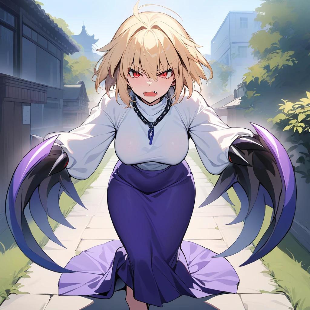 masterpiece,best quality,Arcueid,red eyes,short hair,1girl, white sweater, solo,looking at viewer, purple long skirt,hair between eyes,breasts,outdoors, chain necklace, full body, fang, claws, angry