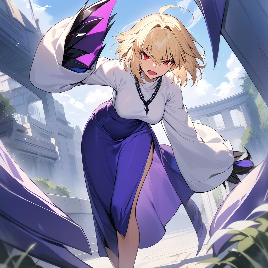 masterpiece,best quality,Arcueid,red eyes,short hair,1girl, white sweater, solo,looking at viewer, purple long skirt,hair between eyes,breasts,outdoors, chain necklace, full body, fang, claws, angry