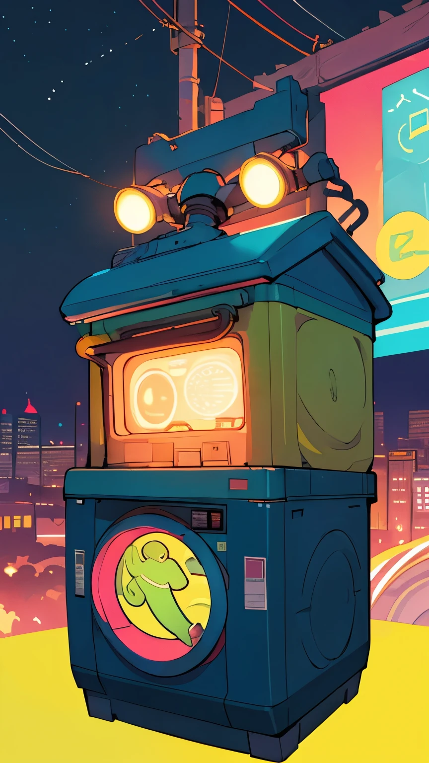 In the heart of a vibrant urban landscape, a washing machine stands out as an artistic masterpiece. Drawn with lines of intense fluorescent colors, it is the centerpiece of an urban scenery. Suspended above it, a vibrant yellow text emerges, reading "Service Manzanares" in its first line. The second line reveals the phone number 1151015044, accompanied by the WhatsApp logo, inviting potential customers to reach out. The illustration is bathed in cinematic lighting, highlighting the machine's unique features and the vivid fluorescent hues. The background is a dynamic mix of cityscape and the night sky, adding