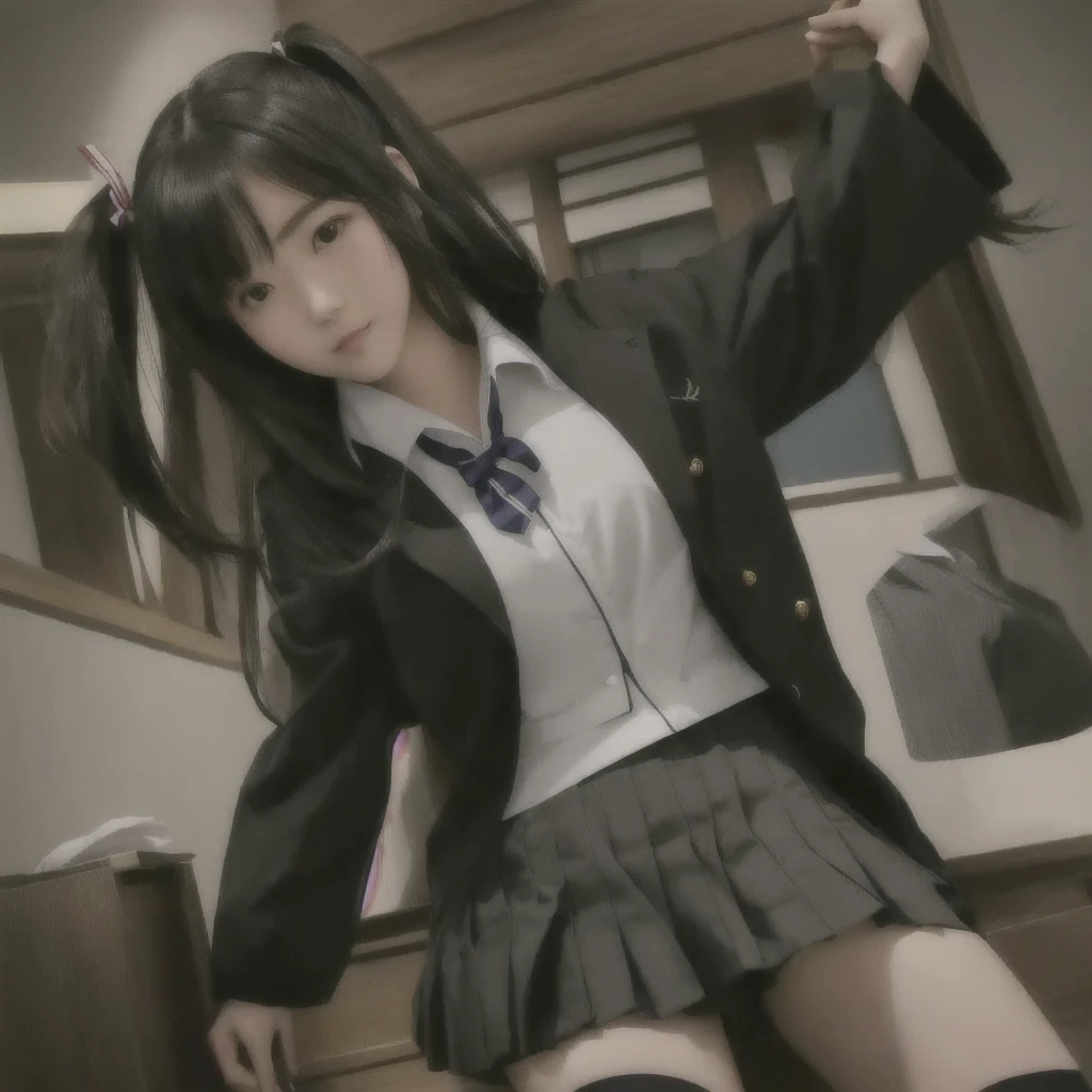 A woman in uniform poses for a photo, Magic , a hyper現実的なhigh school girl, hyper現実的なhigh school girl, Anime Girl Cosplay, 現実的なhigh school girl, beautiful anime high high school girl, かわいいhigh school girl, Japanese girl , clothing , Japanese , high school girl, JK Uniform, Sailor suit with loose coat collar, red skin　Good complexion　Healthy skin tone　Transparent skin tone　Her hair color is pink