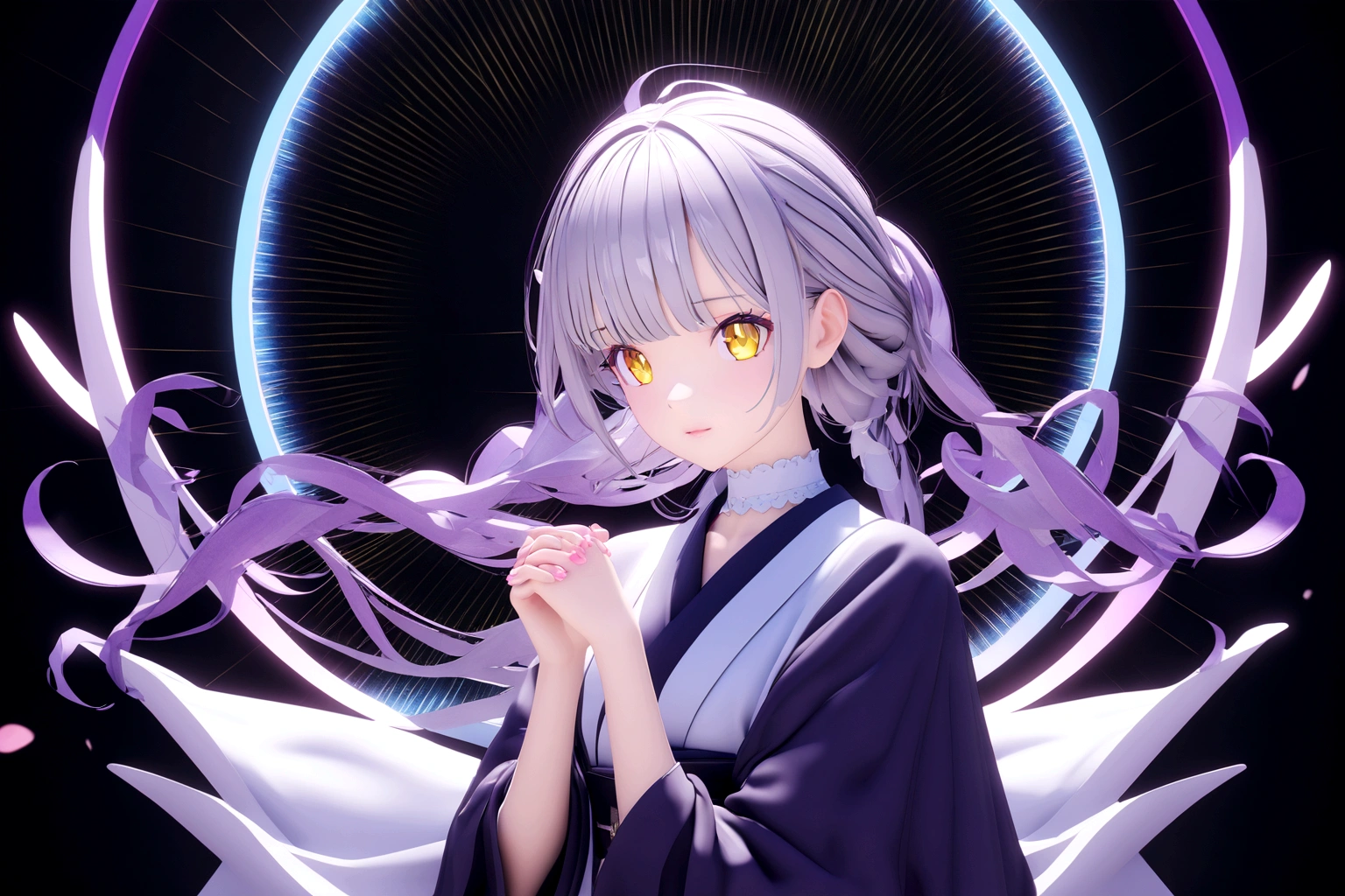 , アニメアート壁紙 8K, best anime 4k , anime art wallpaper 4k, anime art wallpaper 4k, Anime Style 4k, detailed Digitalアニメアート, Digitalアニメアート, anime wallpaper 4k, anime wallpaper 4k, Holography in anime, Draw in neon colors:1 girl:future, transparent, 3d, Light, sf, Digital art, Digital, scientific, Dark Background: electronic circuit: Draw in neon colors, 3d, masterpiece, Digital空間, energy, beautiful, masterpiece, 8K, Light, Familiar, Vibrant, colorful, Nice, beautiful, Rich colors, beautiful ,. Magical Effects, Sparkling, beautiful Light ,Luxury Fashion,girl, Inji, Purple Hair, Yellow Eyes, Long Hair, Gray Hair, Gradient Hair,curl,Wave,Platinum Gradation,Fine details,Chic and stylish,Perfect Makeup,Glamorous expression,Beautiful and delicate eyes,Beautiful and delicate lips,Dior Pink Lip,Background Night,Bamboo,A wish strip,The Milky Way filled with stars,,White, red and blue yukata,,Dark blue band,There is only one bell hanging from the obi.,Draw down to your feet,protocol,colorful,Sad expression,Like waiting for someone,Background with rolled up stars々,Background with rolled gemstones,Praying expression on the top right,bangs are long,華やかなtransparent感のある髪飾り,