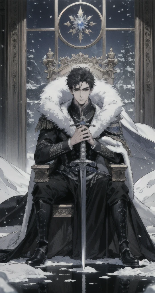 ((Masterpiece)),((best quality)),((Highly detailed)),((realistic,)) Very detailed), (Masterpiece), (best quality), (วอลล์เปเปอร์ 8k ที่มีรายVery detailed),Masterpiece,best quality,มีรายVery detailed,complicated,1 man,handsome faceสมบูรณ์แบบ,muscular man,detailed face,mischievous face,blue eyes,Open your eyes.,reflection of the eyes,Open your eyes., look at viewer,Manly,short hair|Black hair, black prince outfit,(Shining Crystal Throne),dynamic poses,Dramatic angle,movie light,surrounded by snow, Masterpiece,Very detailed,Sitting on the big ice throne, (white throne),Holding a large sword.,two handed sword,holding a sword on the throne, Fantasy, Realistic photos, hyperrealism, Highly detailed, movie light, man wearing black armor,long black fur shawl,black veil,black veil,Face details, sharp details,black slender eyebrows,handsome face, short hairสีดำ, blue eyes,have muscles, handsome faceเหลา, Sit on the throne., white ice power, snow power, The surrounding white snow scene